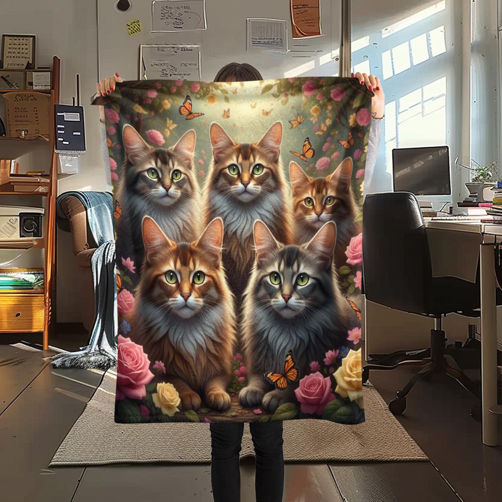 1PC Cat Print Flannel Blanket, High quality Comfortable for All Seasons, Home Decor, Warmth and Comfort