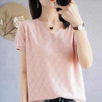 Pure Cotton V-neck Hollow Sweater Short-sleeved Women's Summer New Fashionable Versatile T-shirt Comfortable Breathable Thin Top