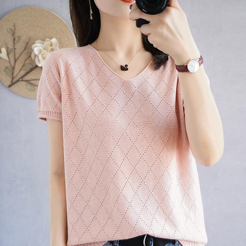 Pure Cotton V-neck Hollow Sweater Short-sleeved Women's Summer New Fashionable Versatile T-shirt Comfortable Breathable Thin Top