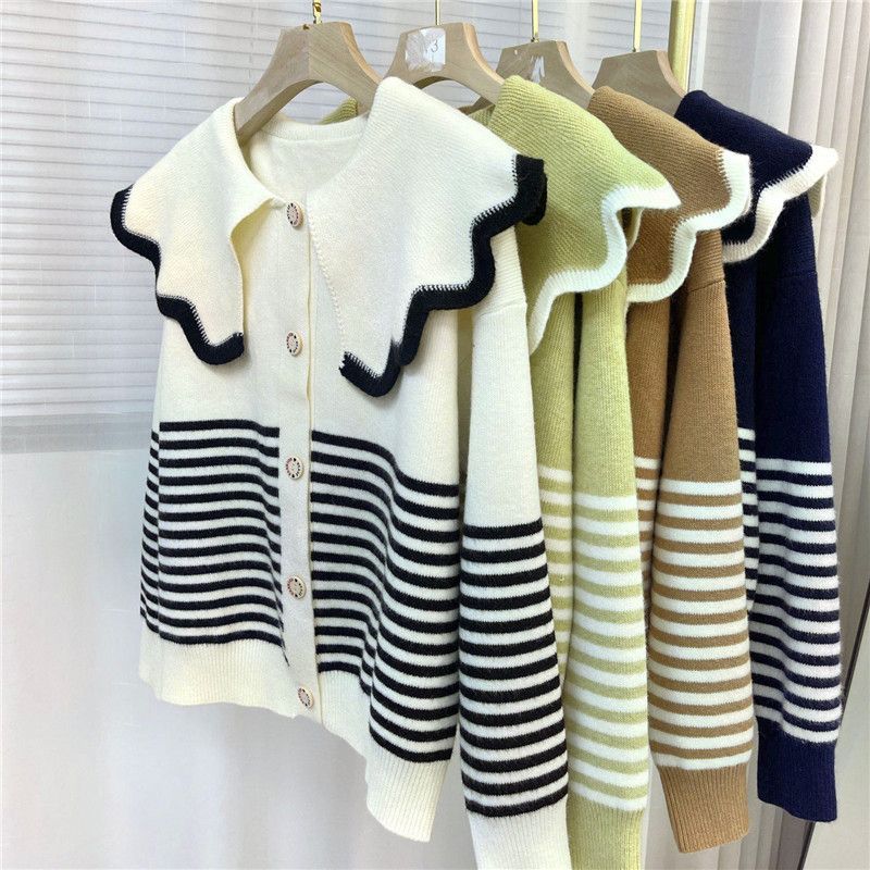 Sweet Doll Neck Striped Knitted Cardigan Five Colors for Warm and Fresh External Cute and Trendy Sweater Cardigan Female Tops