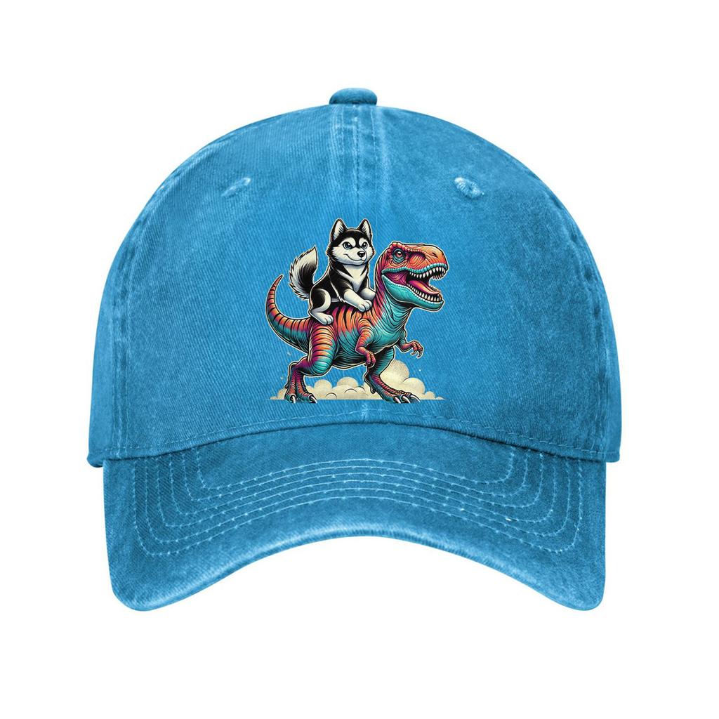 Husky Riding Dinosaur Print Baseball Cap Washed Cotton Adjustable Dad Hat Casual Outdoor Sports Cap