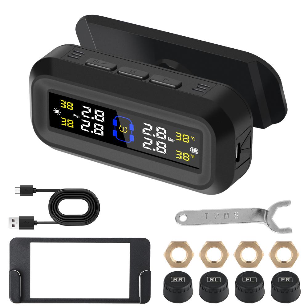 Solar USB Powered Car TPMS Digital LCD Display Tire Pressure Monitoring System Tyre Temperature Monitor Auto Security Alarm