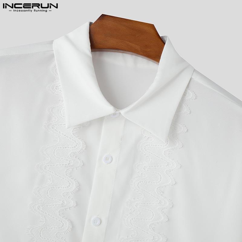INCERUN Summer Men Turn-down Collar Half Sleeve Lace Patchwork Casual Shirts