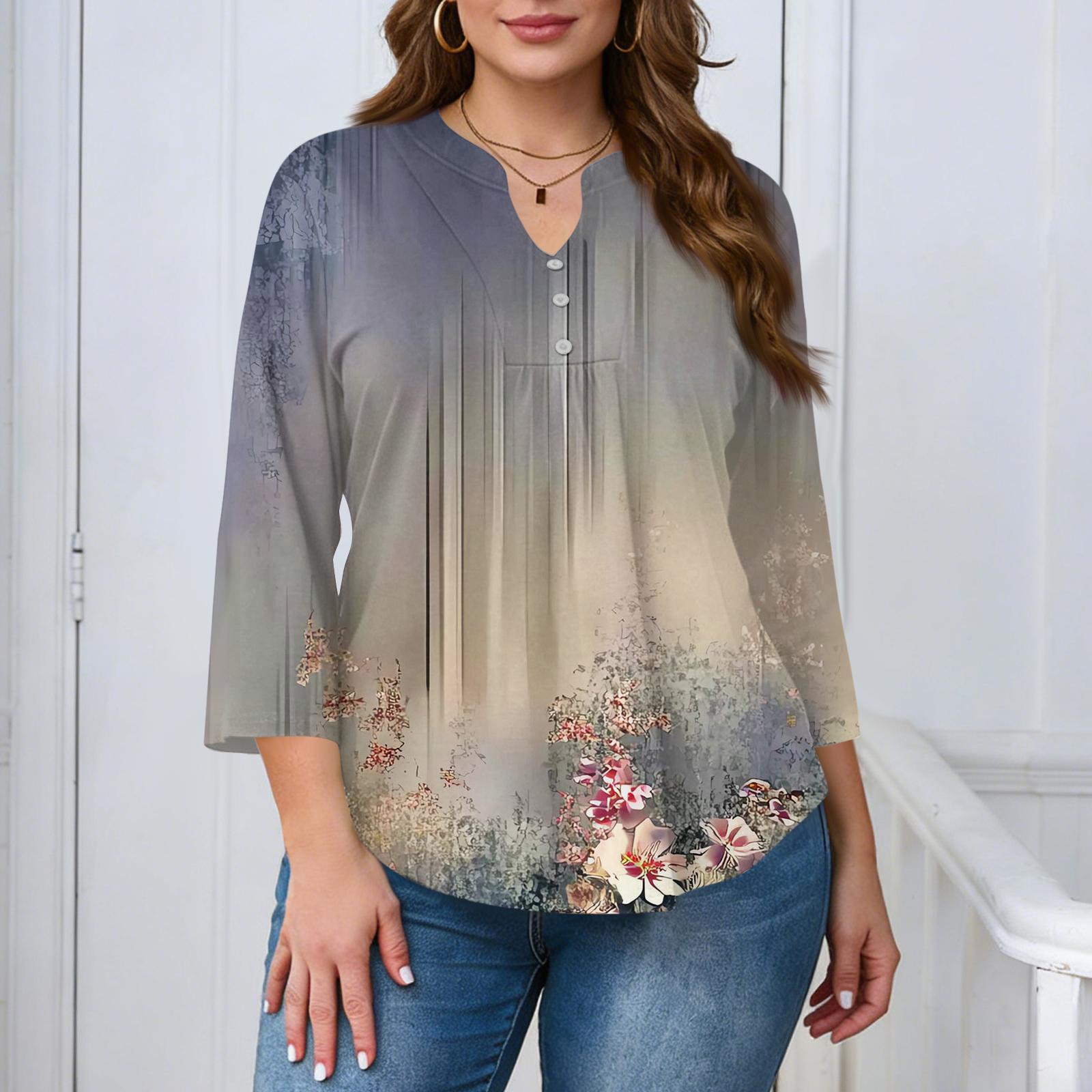 

Women s Plus Size Fashionable Casual Loose Fit Three Quarter Sleeve Elegant Button Up V Neck Top XXXXL коричневый