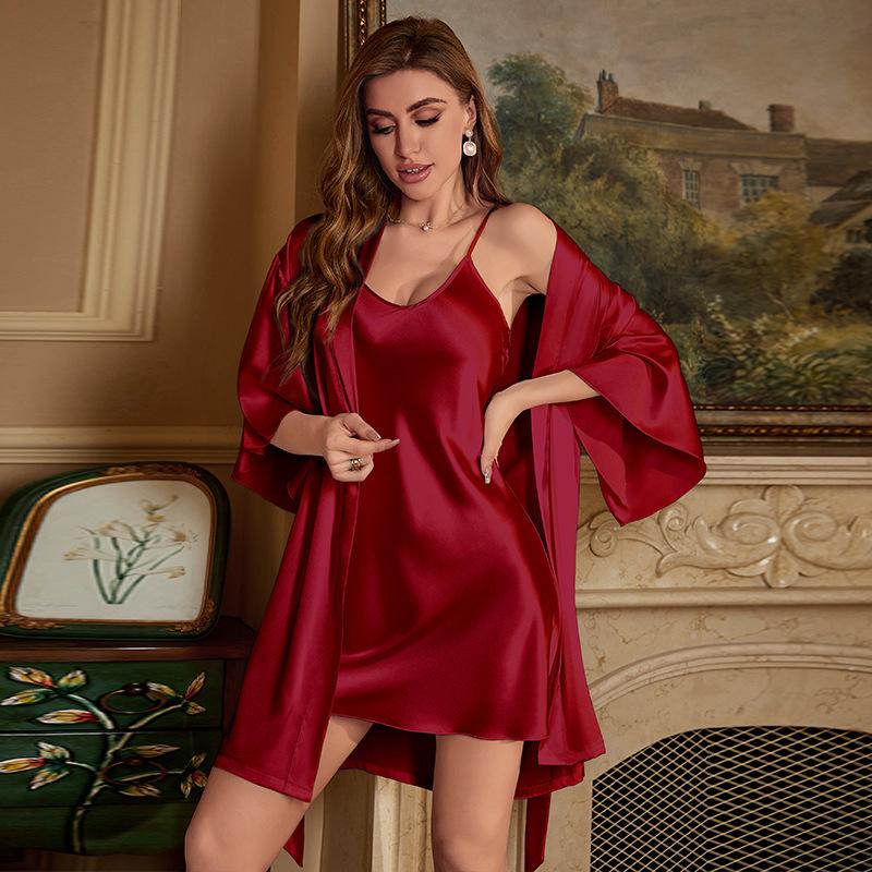 Summer Ice Silk Pajama & Robe Set for Women - Camisole Two-Piece Home Wear.