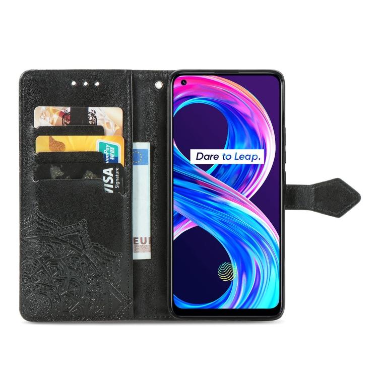 Dla OPPO Realme 8 / 8 Pro 4G Wzór wytłaczany Mandala Skórzane etui z klapką poziomą z uchwytem i przegródkami na karty i portfelem i smyczą(Fioletowy)