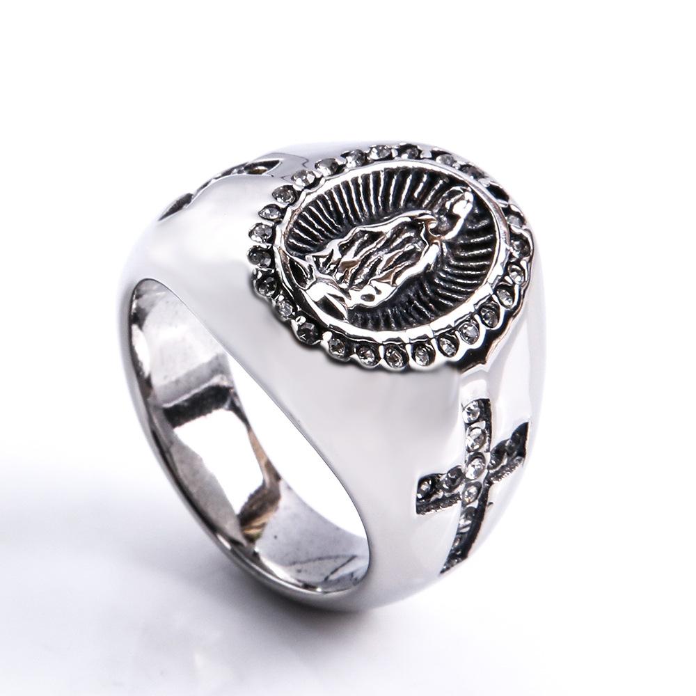 Vintage Katholischer Jungfrau Maria Kreuz Edelstahl Ring Gold Silber Farbe Religiöser Stil Herrenring Gebetsschmuck Geschenk