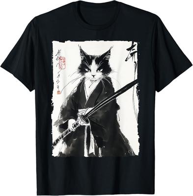 Samurai Cat Japanese Ink Painting Swordsunisex Graphic Tee Unisexs Cotton Casual Tshirt