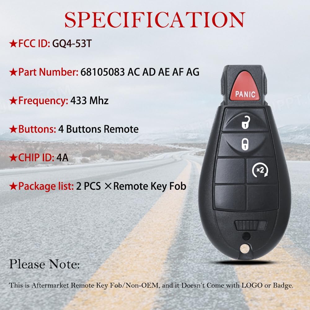 MechanMagic Key Fob Compatible with Jeep Cherokee 2014 2015 2016 2017 2018 Keyless Entry Remote Control Key Replacement GQ4-53T 68105083 4A Chip