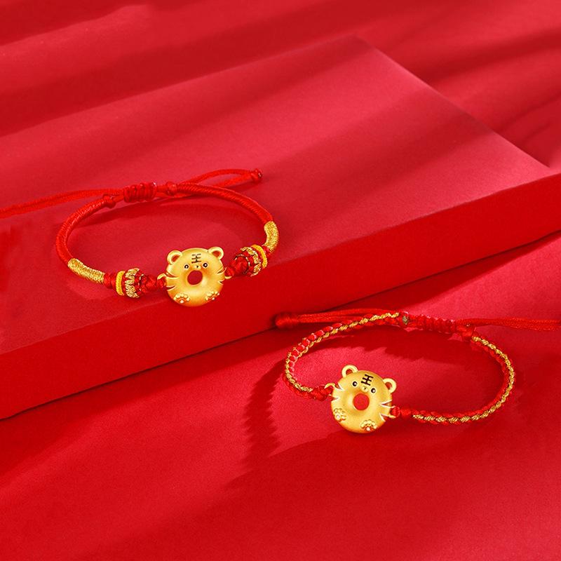 Wietnamska pozłacana bransoletka z tygrysem zodiakalnym na czerwonej nici - Szczęśliwy prezent dla pary