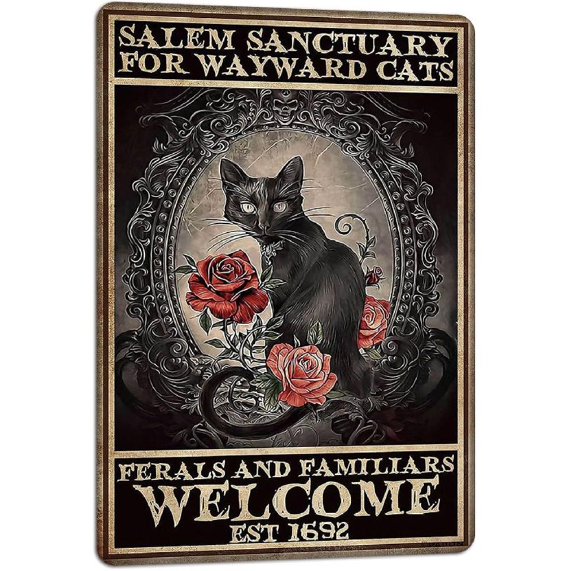 PAIION Salem Sanctuary For Wayward Cats Halloween Black Cat Halloween Decor Cat Lover Metal Signs Vintage Poster Home Bedroom Wall Art Gift 8x12