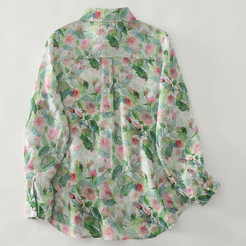 

Women s Watercolor Floral Sheer Oversized Shirt Collared Long-Sleeve Blouse S зелений