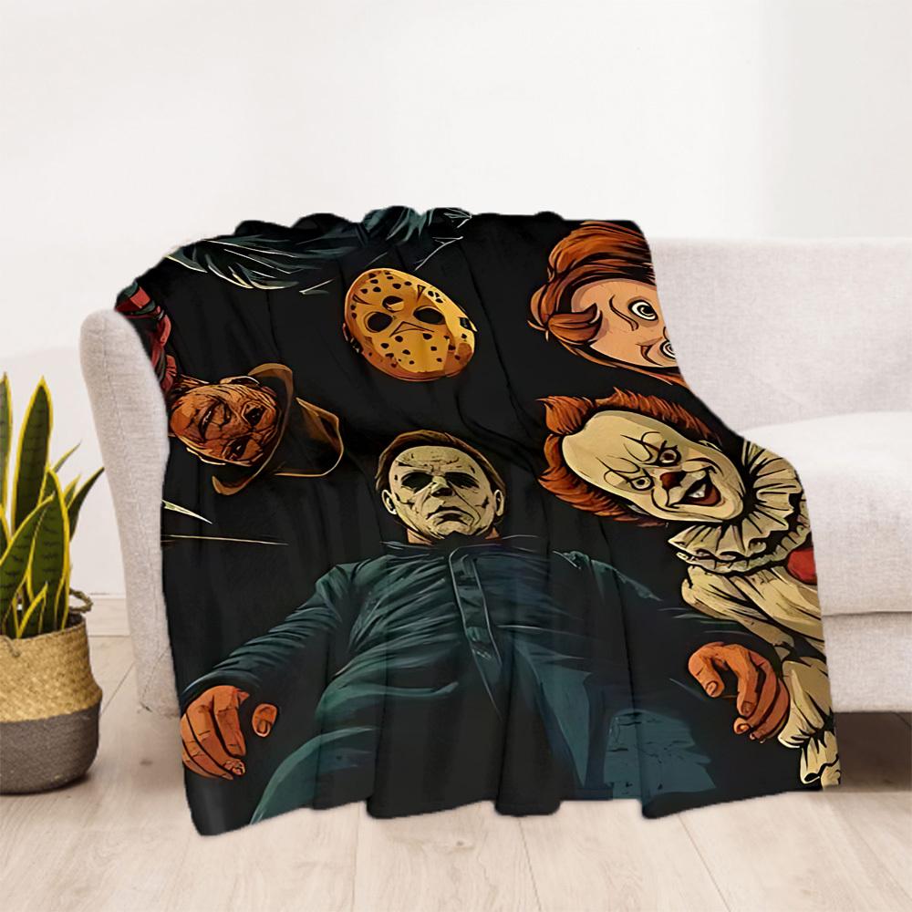 1pc Horror Icons Outdoor Blanket Lightweight Flannel, Soft & Warm, All Season Use for Sofa, Outdoor, Camping, Living Room, Office, Chair