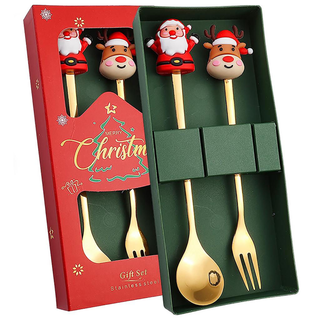 2Pcs Fork Coffee Spoon Dinnerware Set with Gift Box Children Gold Cutlery Set Stainless Steel Flatware Western Kitchen Tableware