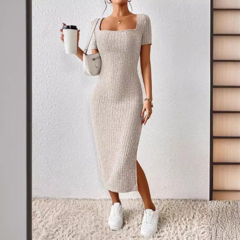 Summer New Short Sleeve Women's Knitted Dress Elegant Fashion Square Neck Sexy Dress Women Slim Fit Split High Waist Casual Dresses for Women 25102