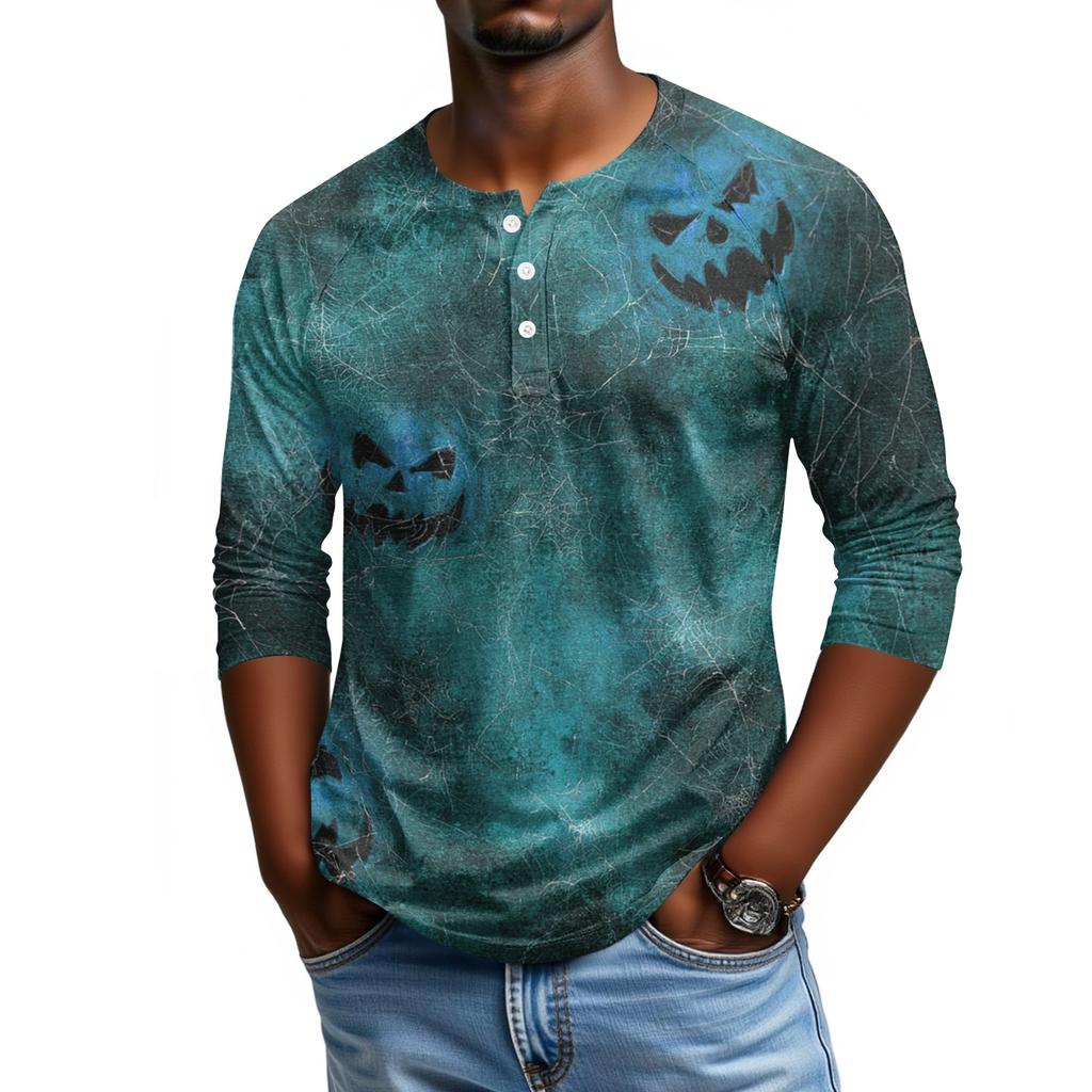 Men's Casual Halloween Print Henley Shirt Raglan Three Quarter Sleeve Top Comfortable Fit Lightweight Fabric