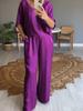 Women's Blue Satin V-Neck Blouse with Wide Leg Pants Set, Casual Elegant Outfit