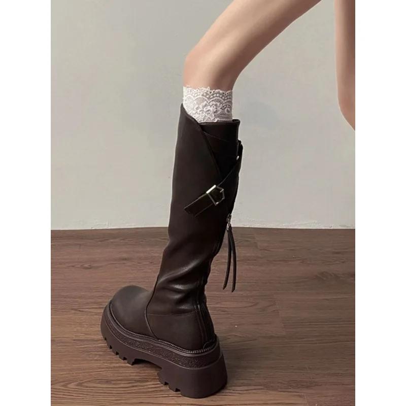 Brown Thick Heel Long Boots Women's Summer Versatile Slimming Over-Knee Boots Stylish Round Toe Rubber Outsole Pure Color