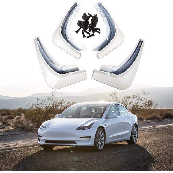 Mud Flaps For Tesla Model 3 2016- Splash Guards Front Rear Fender Protection Mudflaps No Need To Drill Holes (Set Of 4, White)