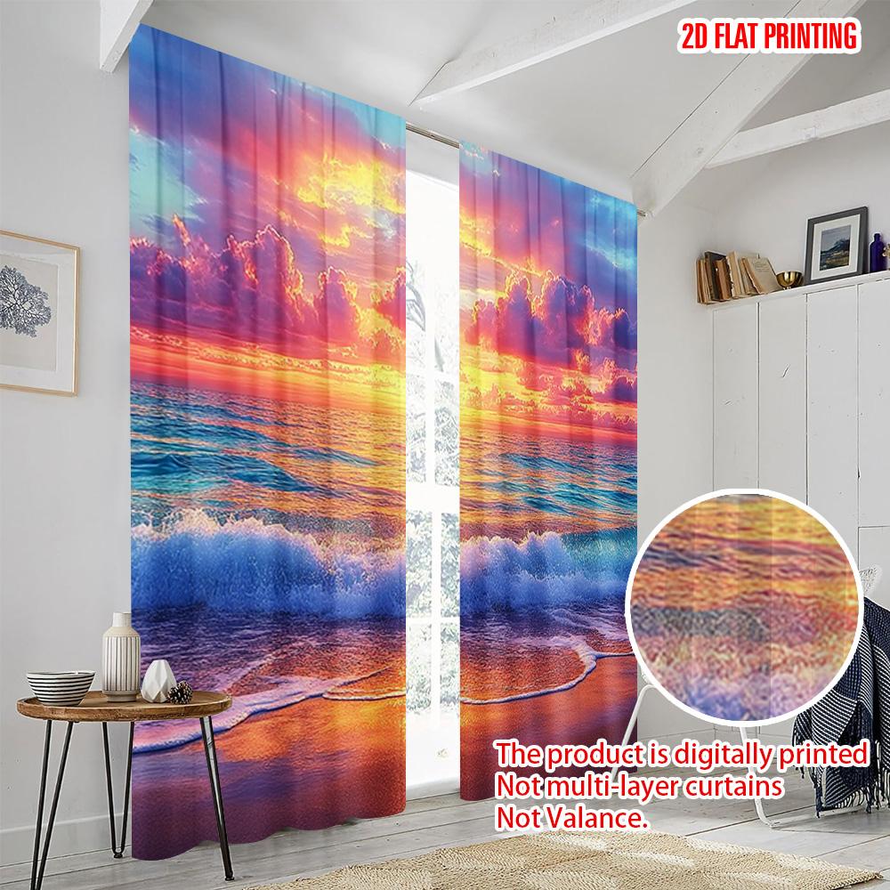 2pcs  2D plane printing Curtain Popular Beach Sunset Sea Polyester Fabric (without rod) Outdoor Decorations Ldeal for Bedroom