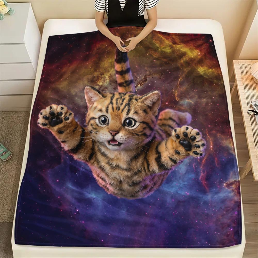 1Pc Galaxy Cat Dog Print Flannel Blanket High Quality Warm Comfortable Cover for All Seasons Perfect for Gifts Home Decor