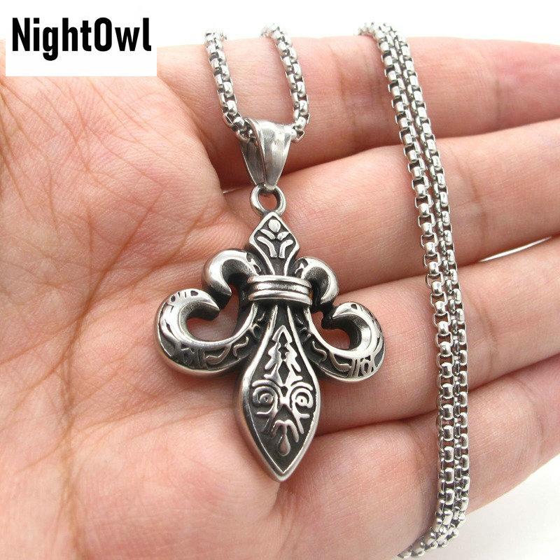 

Cool Mens Fashion Stainless Steel Fleur De Lis Pendant Necklace Jewelry Chain