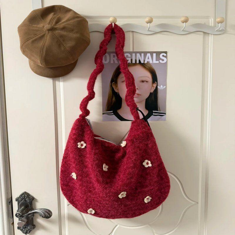 Flower Tote Bag with Drawstring, Large Capacity, Embroidered, for Daily Commuting, Single Shoulder, Slanted Crossbody Bag