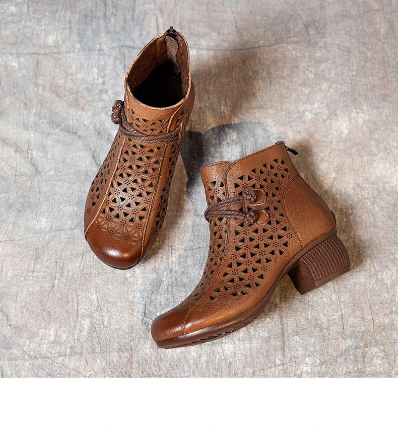 2025 Summer Genuine Leather Peep-Toe Perforated Mid-Heel Sandals - Women's Retro Chunky Heel Martin Boots.