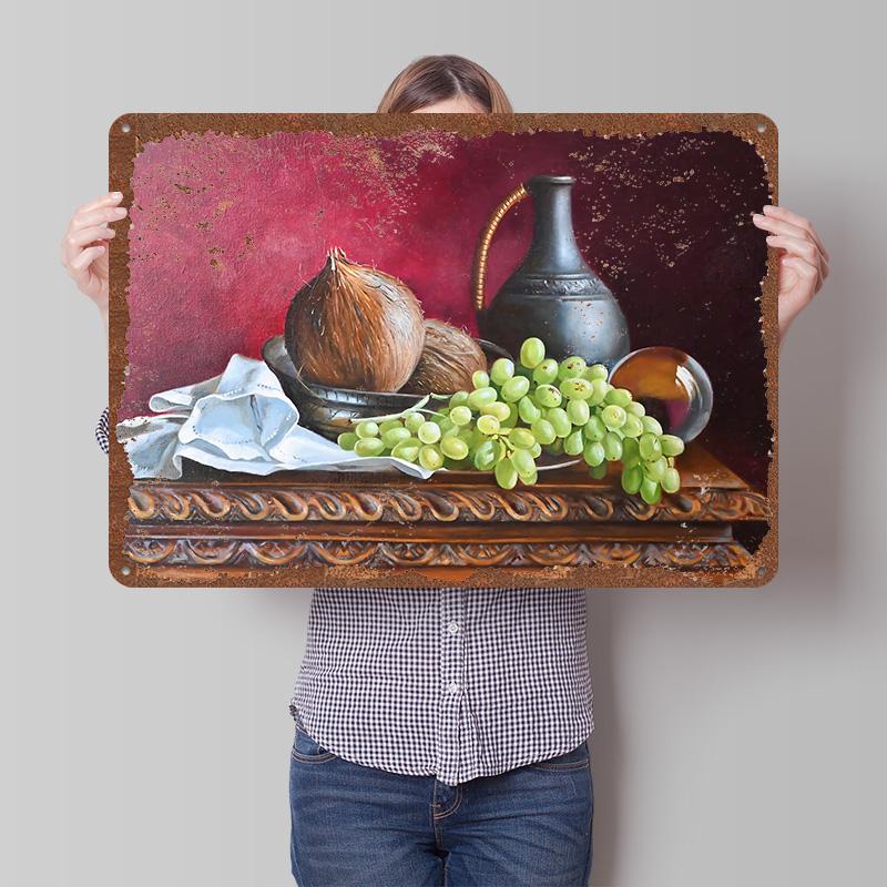 Still Life With Coconuts and Grapes Metal Poster Customized Wall Art Retro Vintage Tinplate Signs for Man Cave Room Decoration