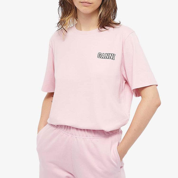 Ganni Ss22 Logo Embroidered Solid Color Round Neck Short Sleeve T-Shirt Women tops Pink T2917-465