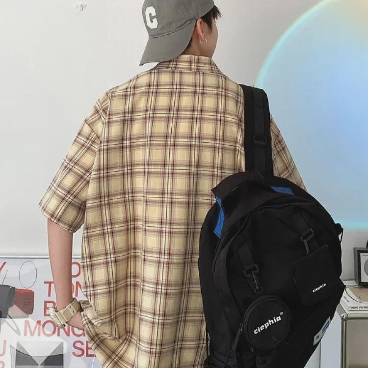 Herrskjorta Retro Gul Rutig Smal Passform Kortärmad - College Stil, Japansk-inspirerad