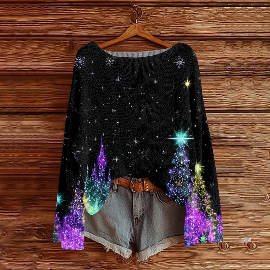 Women's Round Neck Lightweight Sweater Casual Long Sleeve Christmas Print Knit Pullover.