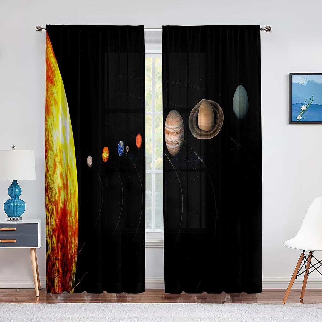 Solar System Outer Space Sheer Voile Curtain for Living Room Bedroom Decor Planet Galaxy Glitter Fantasy Window Tulle Curtains