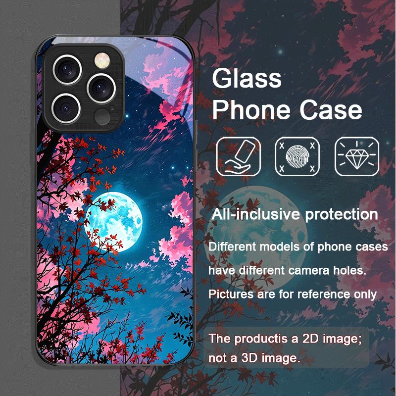 Moon Cherry Blossom Pattern Scenery Tempered Glass Phone Case for iPhone 17 16 Pro Max 15 14 13 12 11 Mini XS XR 7 8 Plus Cover