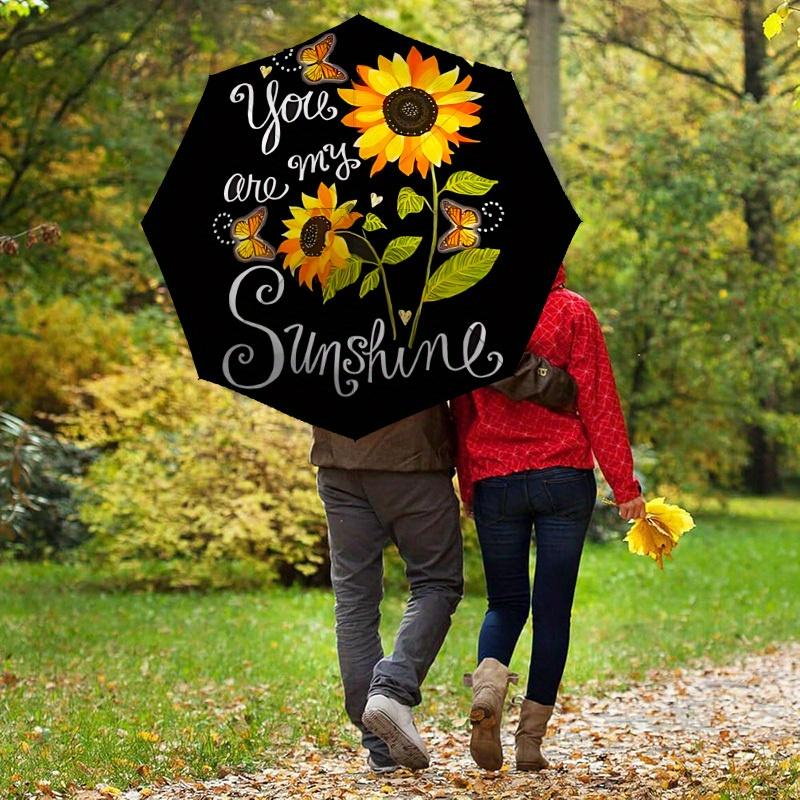 1pc Sunflower Butterfly Themed Umbrella, 8 Rib Frame,Automatic Opening 3 Fold Umbrella, Lightweight and Durable Couple Umbrella-014