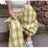 Women's Blue Ice Silk Plaid High-Waisted Wide-Leg Pants - Spring/Summer 2026 Collection