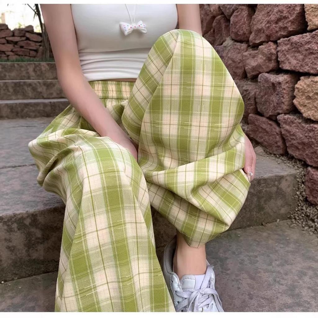 Women's Blue Ice Silk Plaid High-Waisted Wide-Leg Pants - Spring/Summer 2026 Collection