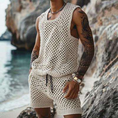 Men's Casual Sleeveless Knit Top Drawstring Shorts Set Vest Shorts Set Daily Wear Elastic Waist Wide Leg Shorts for Men's