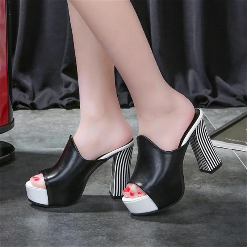 Summer Sexy Women Elegant Red High Heel Sandals Peep Toe Platform Shoes Zebra Chunky Heel Shoes Lady Thick Heel Fashion 34-40