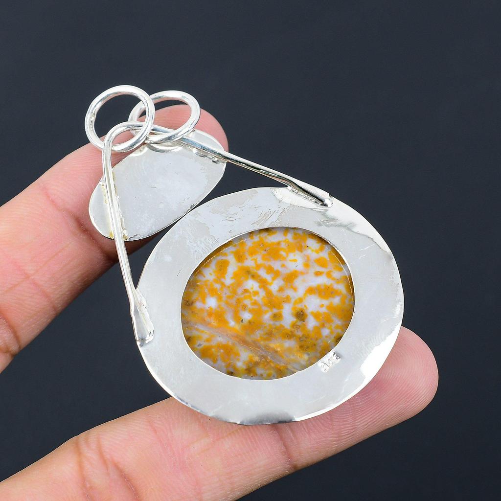 Friendship Day Deal Round Natural Plume Agate Sister Pendant 925 Sterling Silver