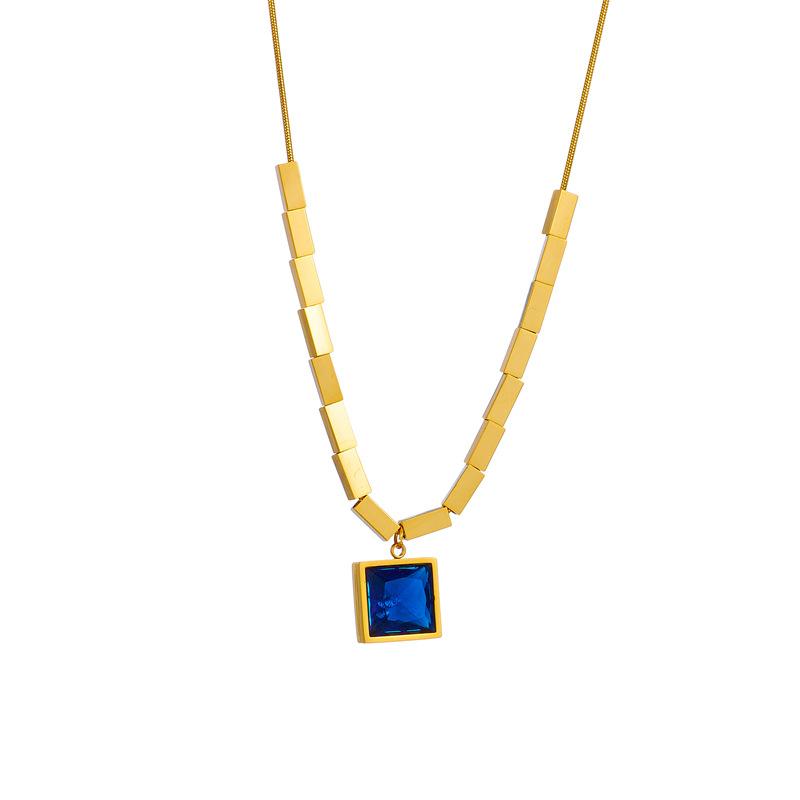 Gold Plated Square Blue Gem Pendant Necklace, Stainless Steel Cube Chain Choker, Waterproof Elegant Jewelry for Women Gift