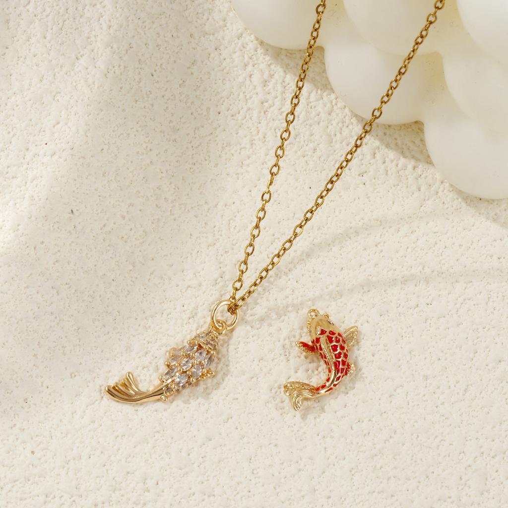 1 Piece Brass Ocean Jewelry Pendants Carp Fish 18K Gold Plated Enamel Lucky Fish 3D Red Cubic Zirconia For DIY Necklace Making