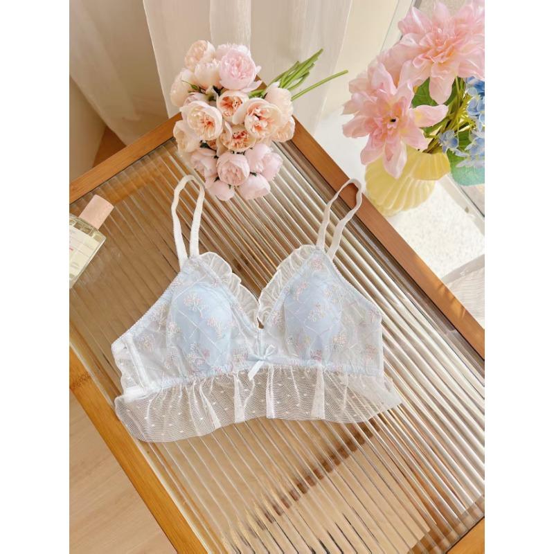 Light Blue Floral Embroidered Bralette with Ruffle Hem S синий