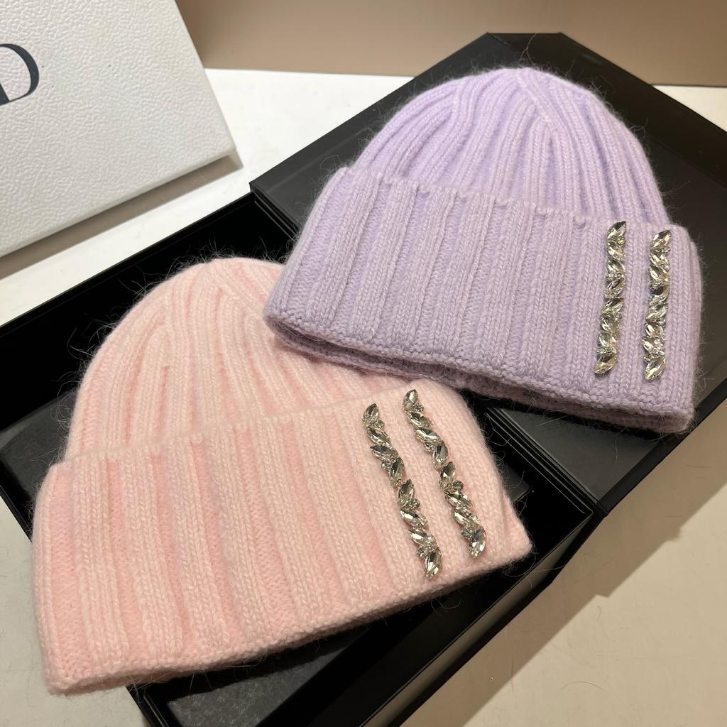 Paris Heavy Industry Light Luxury Rhinestone Knitted Hat Women'S Winter Outdoor Warm Rabbit Hair Wool Hat Wide Stripe Shows Small Face