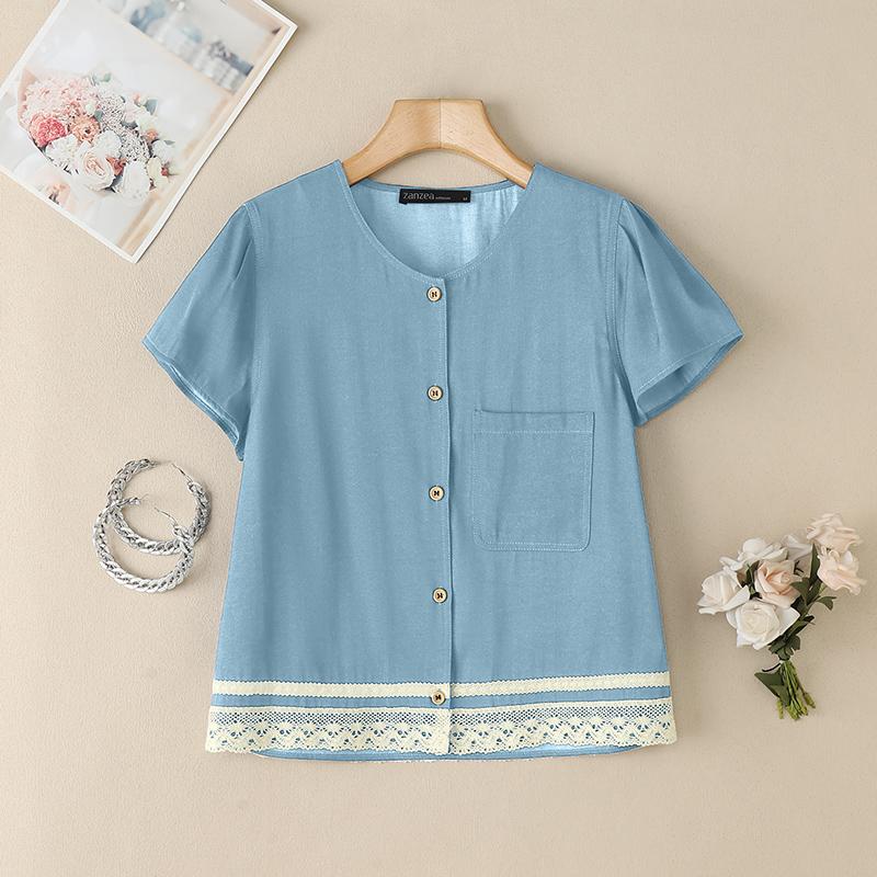 ZANZEA Women Summer Short Sleeve Lace Patchwork Casual Button Blouse