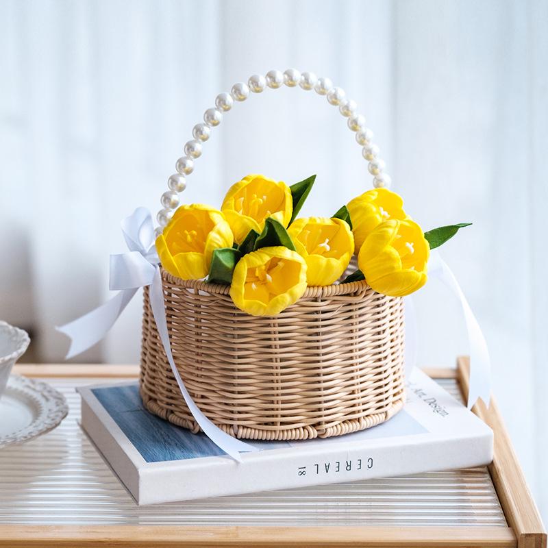 Imitation Rattan Pearl Handheld Flower & Fruit Basket