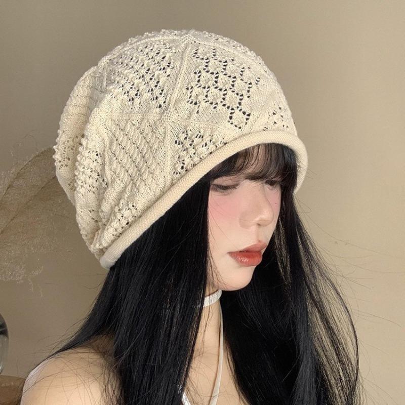 Knitted hollow stack hat female face small bag head cold hat Korean version versatile big head circumference loose hat