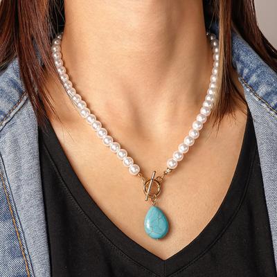 Minimalist Temperament Pearl Clavicle Chain Turquoise Drop Pendant Necklace