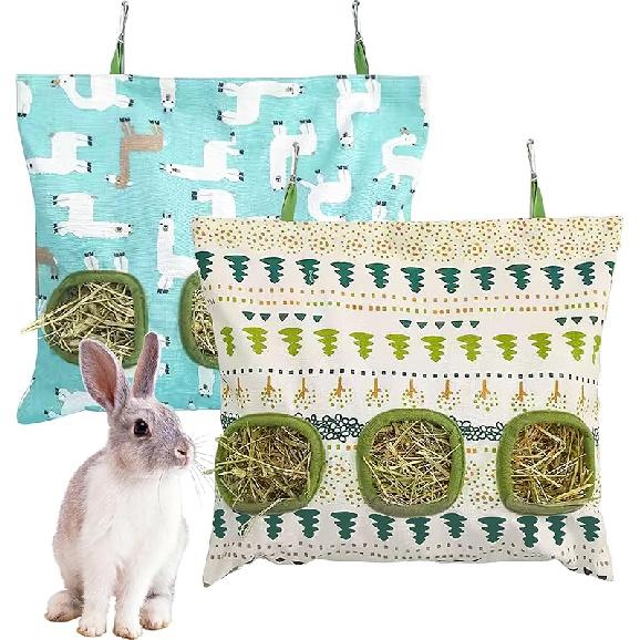 Lesnala 2pcs Bunny hay feeder Rabbit hay feeder bag Hanging guinea pig hay bag Large capacity cotton canvas fabric hay bag for Rabbits Bunny