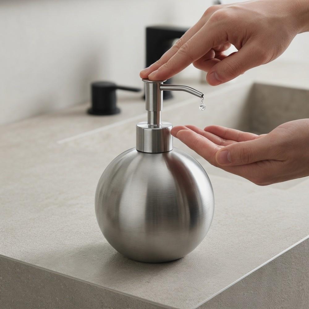 Silver Soap Dispenser Ball Shaped Pump Dispenser Bottle Bathroom Shower Kitchen
